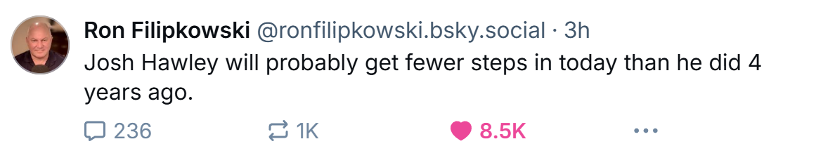 A screenshot of a social media post by Ron Filipkowski showing a tweet that reads 'Josh Hawley will probably get fewer steps…