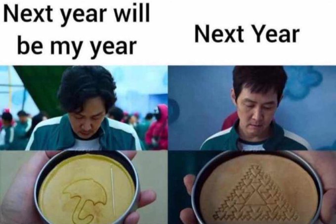 A four-panel meme from 'Squid Game' showing a character looking down at a cookie with an umbrella symbol, then later at a…