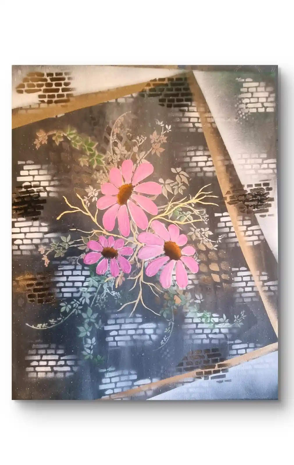 A painting of pink daisies with yellow stems and green leaves, set against a dark background with a repeating brick wall…