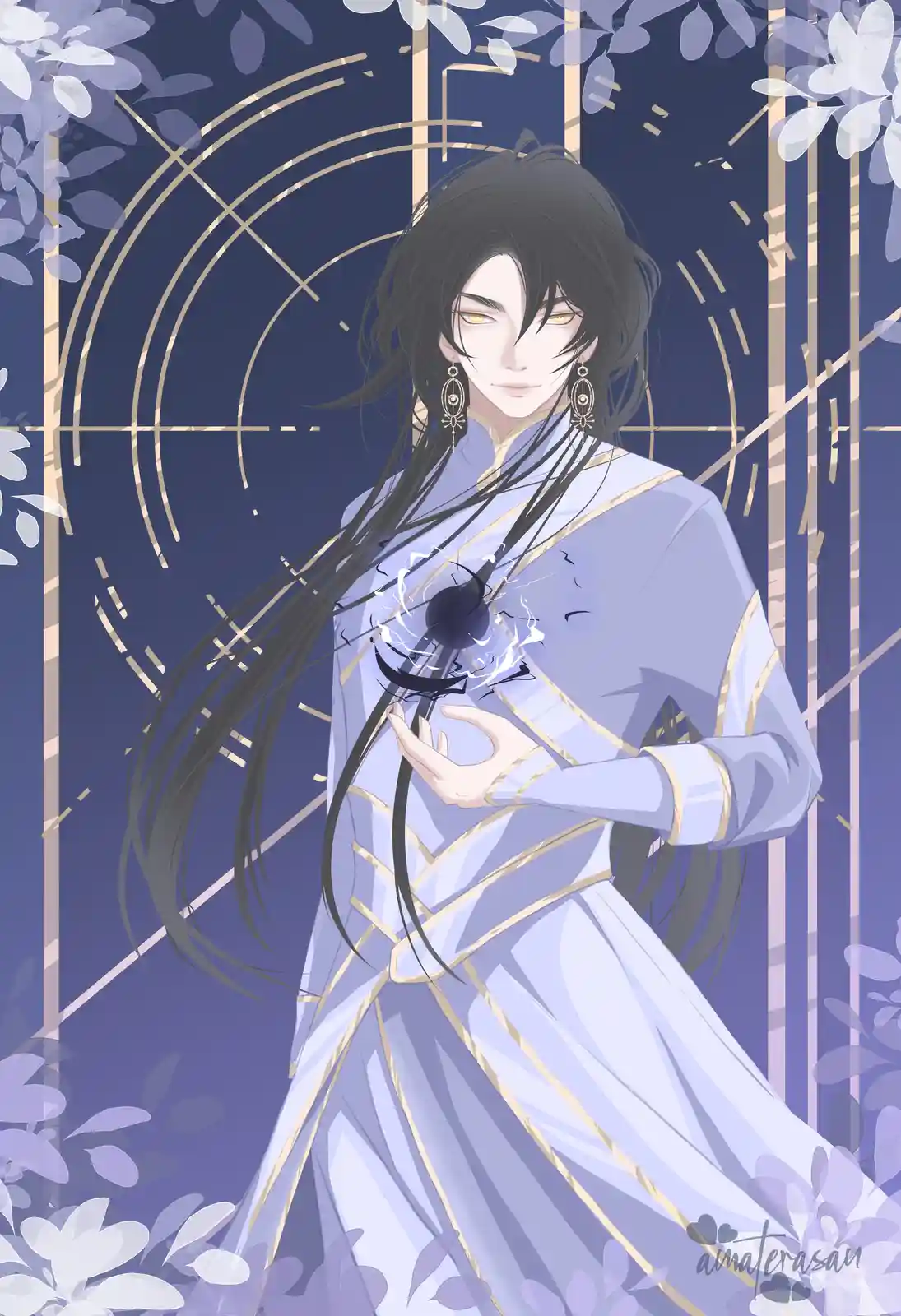An anime-style illustration of a man with long black hair and golden eyes, wearing a light purple robe with gold trim…