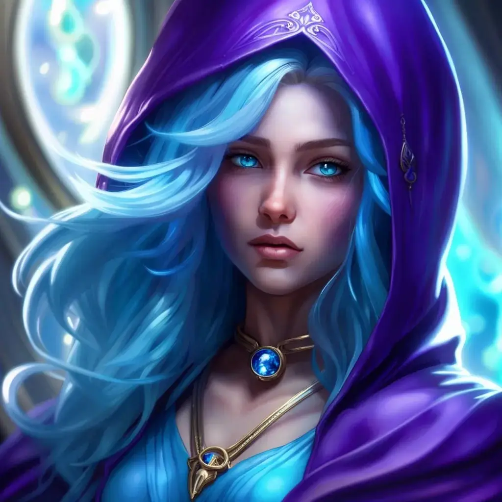 A fantasy illustration of a woman with long, flowing blue hair and piercing blue eyes, wearing a purple hooded cloak and…