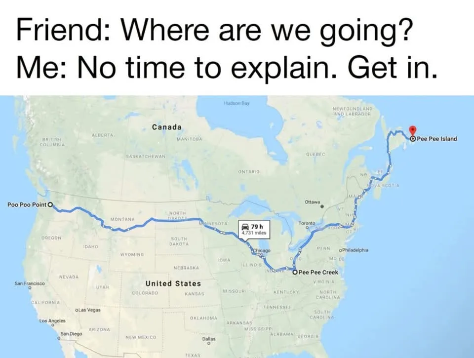A map of North America shows a long, winding blue route starting near San Francisco and ending at 'Pee Pee Island' in…