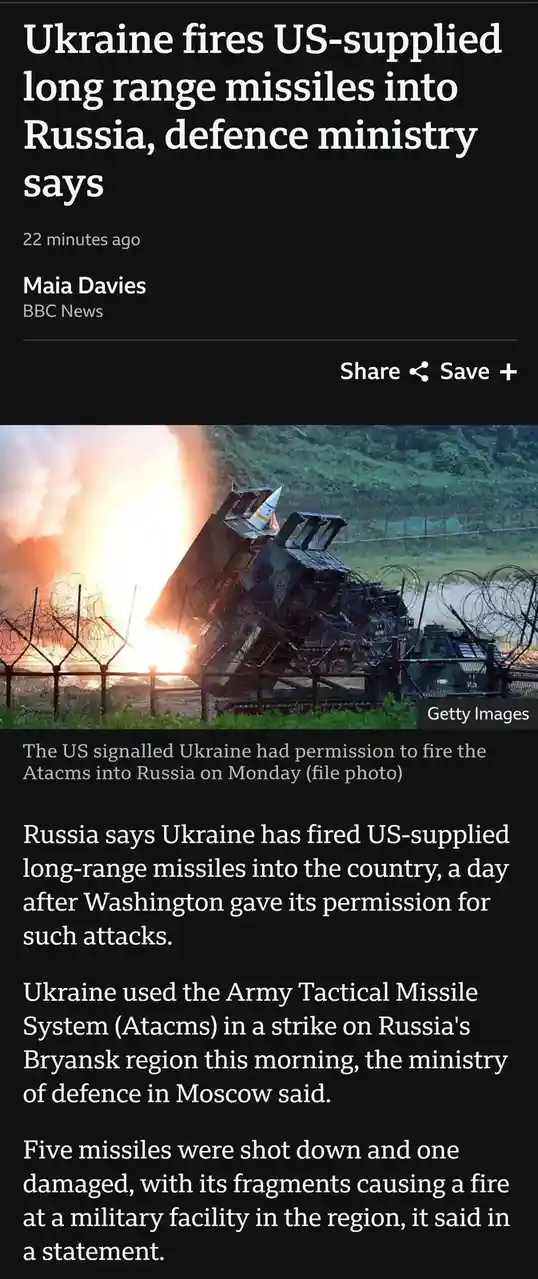 A screenshot of a BBC News article shows a missile launcher firing a missile, with text overlay stating 'Ukraine fires…