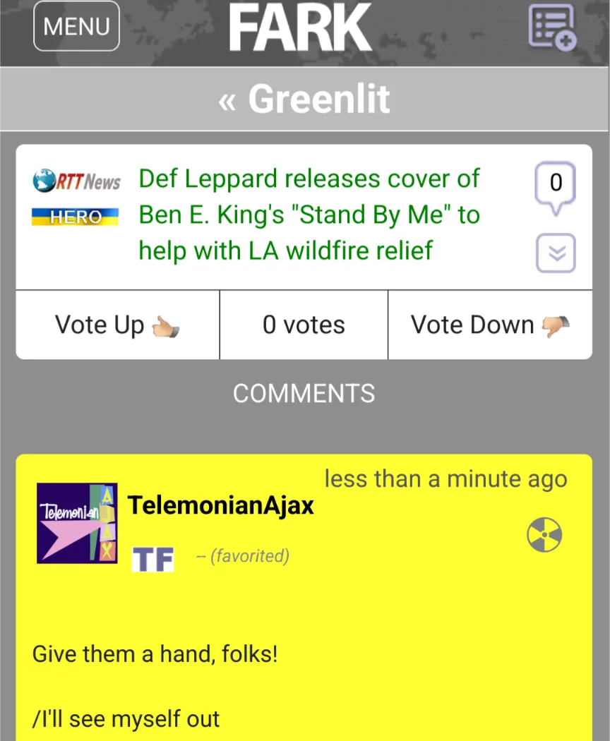 A screenshot of the FARK website shows a news post about Def Leppard releasing a cover of 'Stand By Me' for wildfire relief…