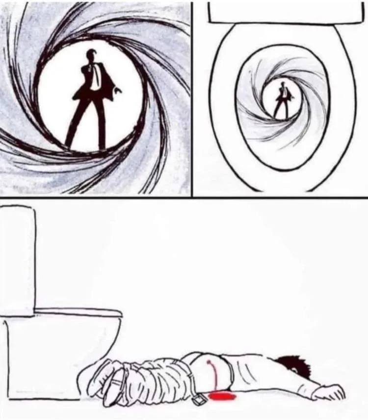 The image is a three-panel comic. The top left panel shows a silhouette of a man in a suit standing in the barrel of a gun…