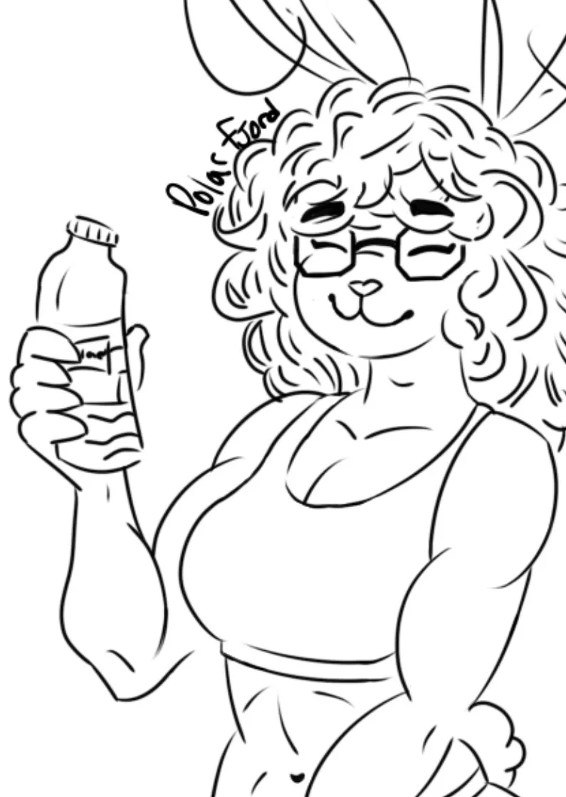 A black-and-white line drawing of a muscular, anthropomorphic rabbit with curly hair and glasses, wearing a tank top and…