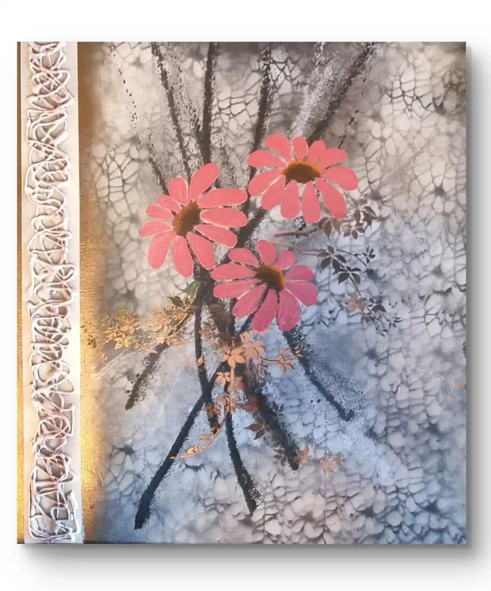 An abstract painting shows three pink daisy-like flowers with dark stems against a cracked, textured gray and blue…