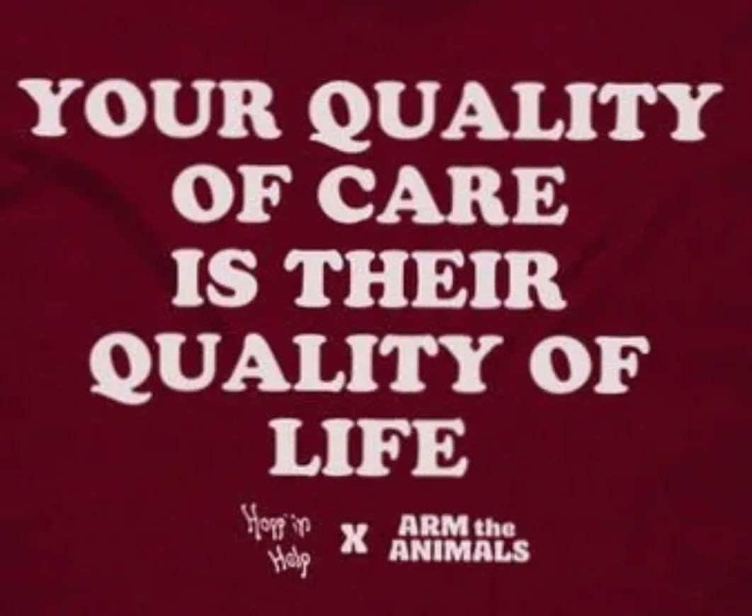 A close-up of a maroon t-shirt with bold white text reading 'YOUR QUALITY OF CARE IS THEIR QUALITY OF LIFE'. Below, smaller…