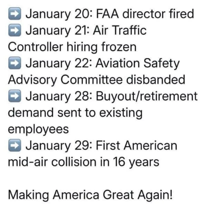 A list of dated FAA-related events from January 20-29, including firing of the director, freezing hiring, disbanding a…
