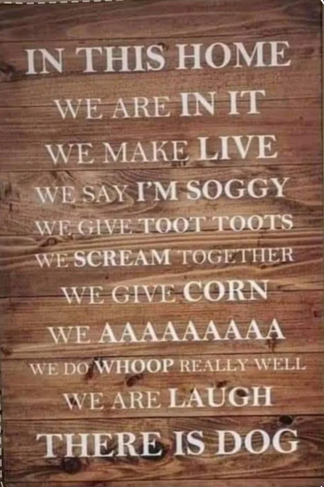 A wooden sign with white text humorously lists quirky household rules and behaviors, including phrases like 'we make live'…