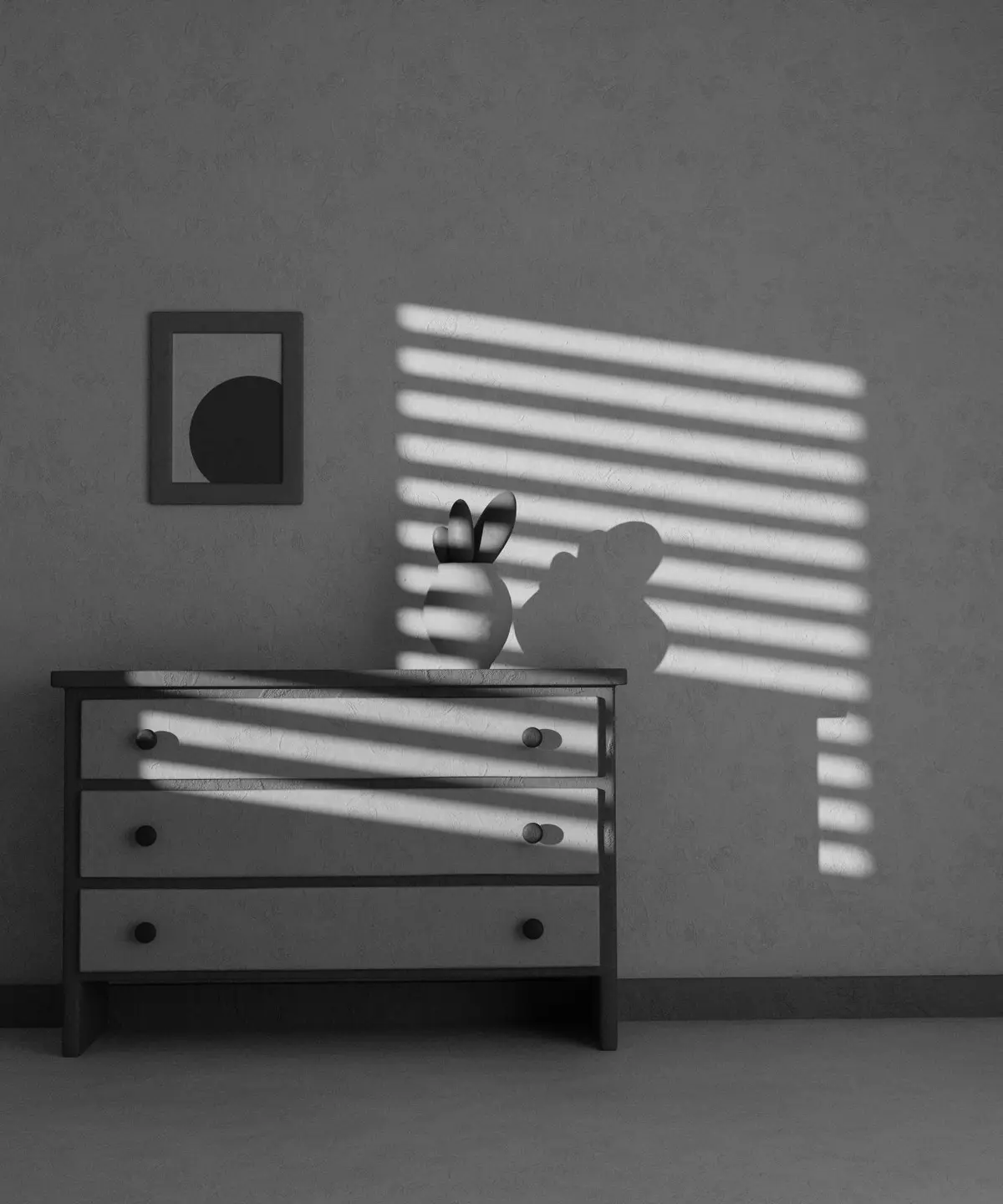 A black-and-white photo shows a minimalist dresser with three drawers, a small potted plant on top, and a framed abstract…