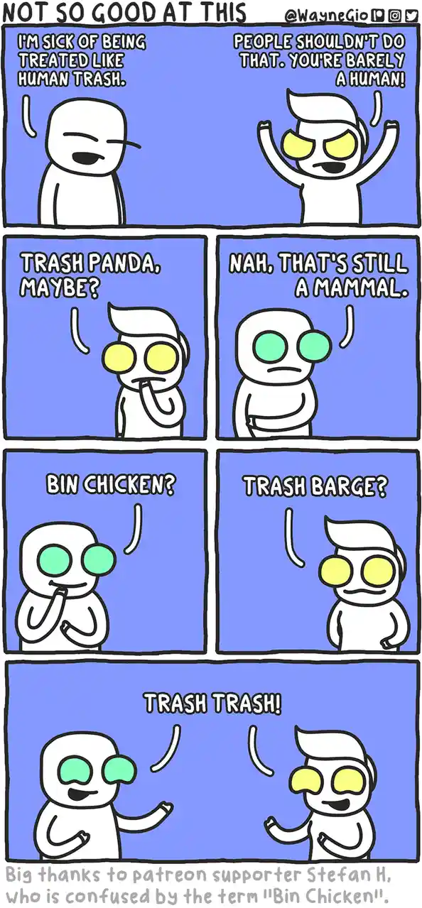 A six-panel comic strip featuring two white, minimalist cartoon characters with exaggerated facial expressions. The first…