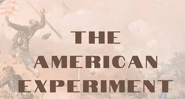 A sepia-toned historical painting depicts soldiers in a chaotic battle scene, with one figure prominently raising a flag…