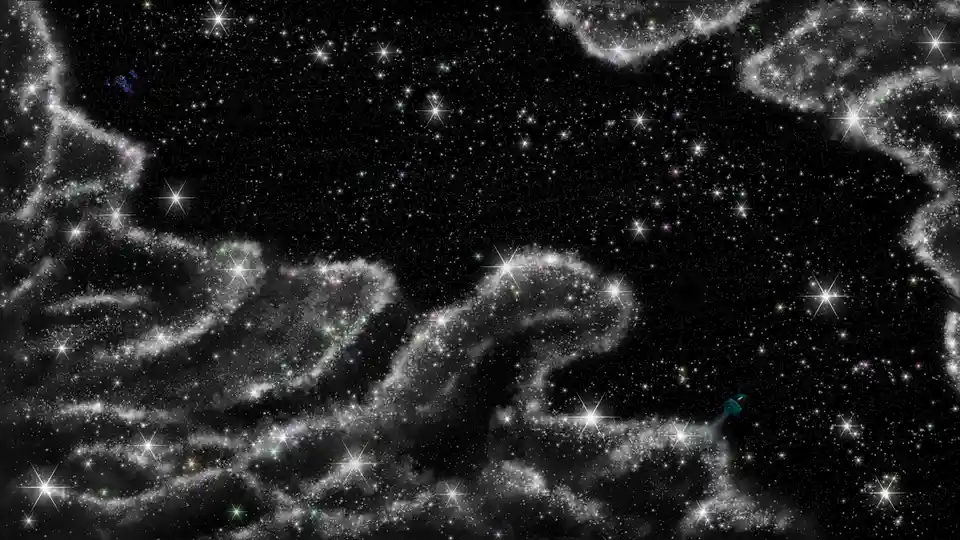 A cosmic background filled with stars and nebulae, featuring two small blue figures resembling crying faces, one in the…