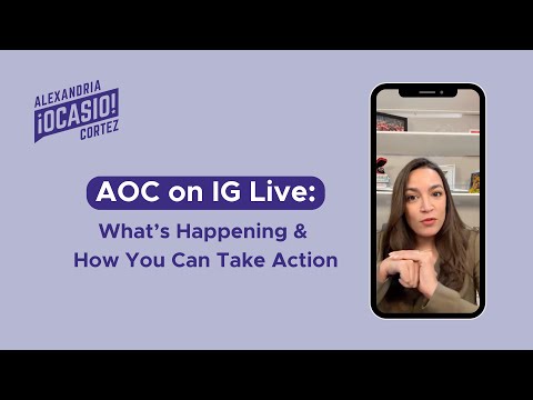 A promotional graphic for Alexandria Ocasio-Cortez's Instagram Live, featuring her name in a logo on the left and a…