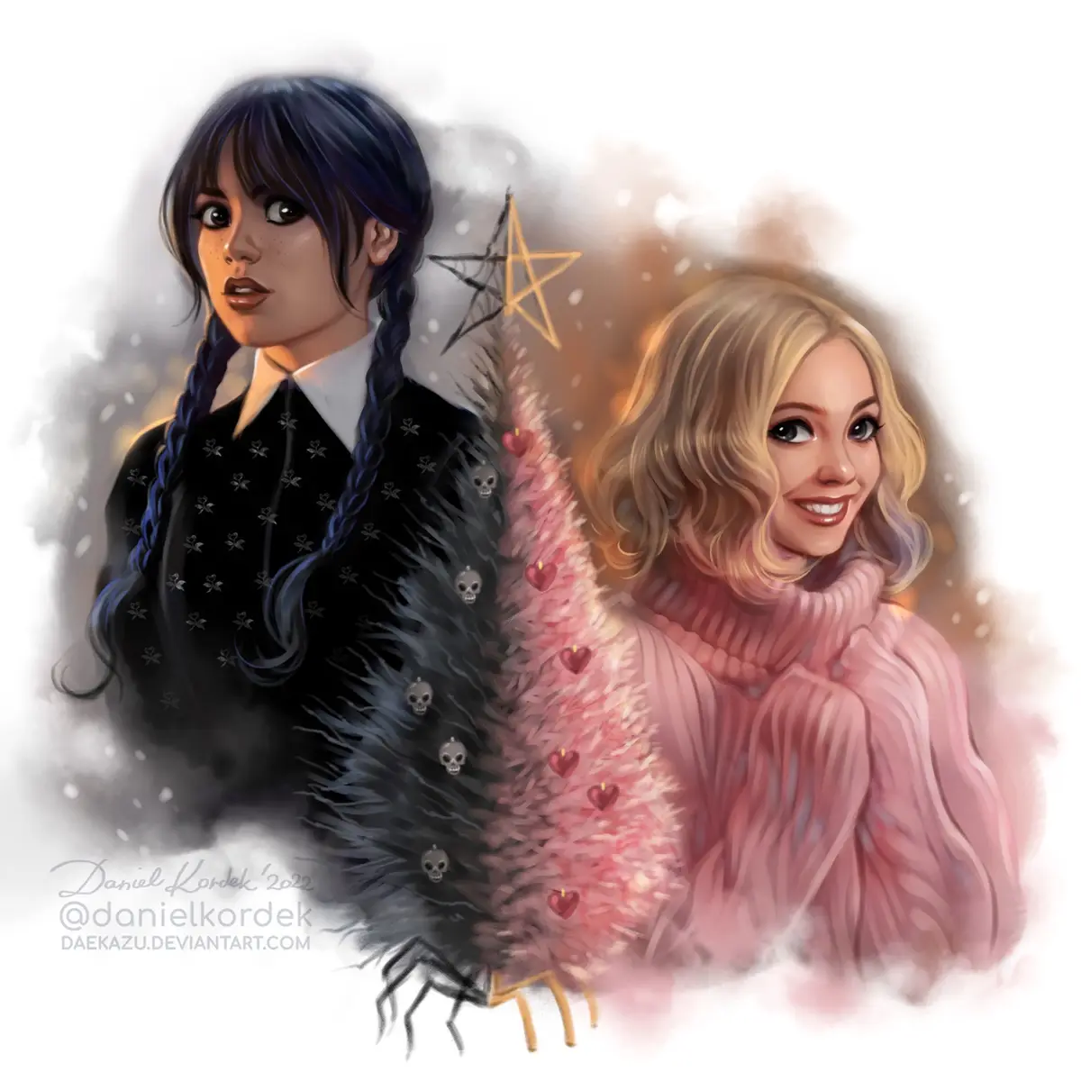 An illustrated image shows two women, one in a black gothic outfit with skull ornaments and a star, the other in a pink…
