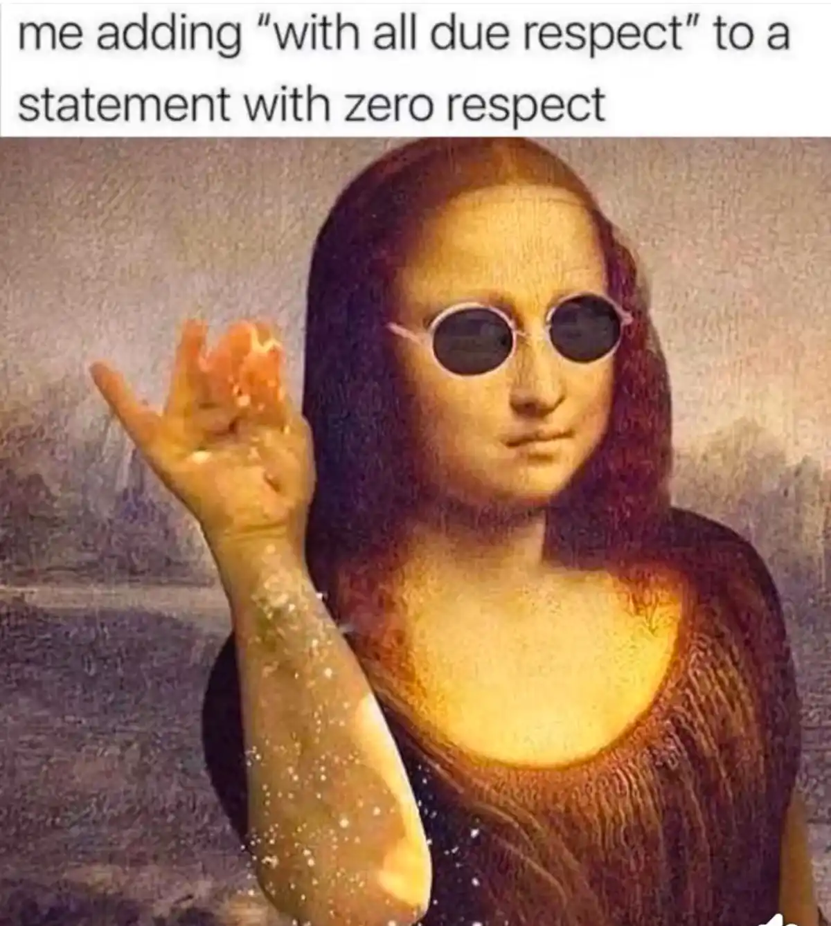 The image shows a digitally altered version of Leonardo da Vinci's Mona Lisa, who is wearing round sunglasses and making a…