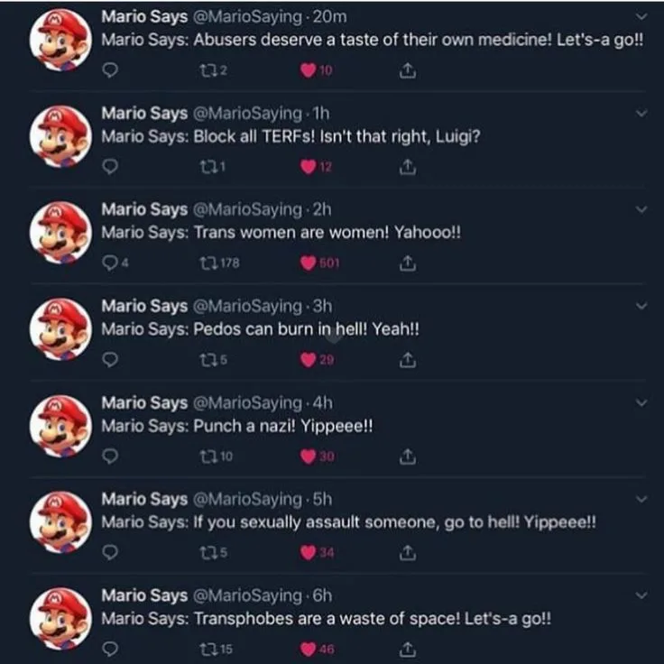 A screenshot of a Twitter feed showing seven tweets from the account 'Mario Says', each with a Mario character profile…
