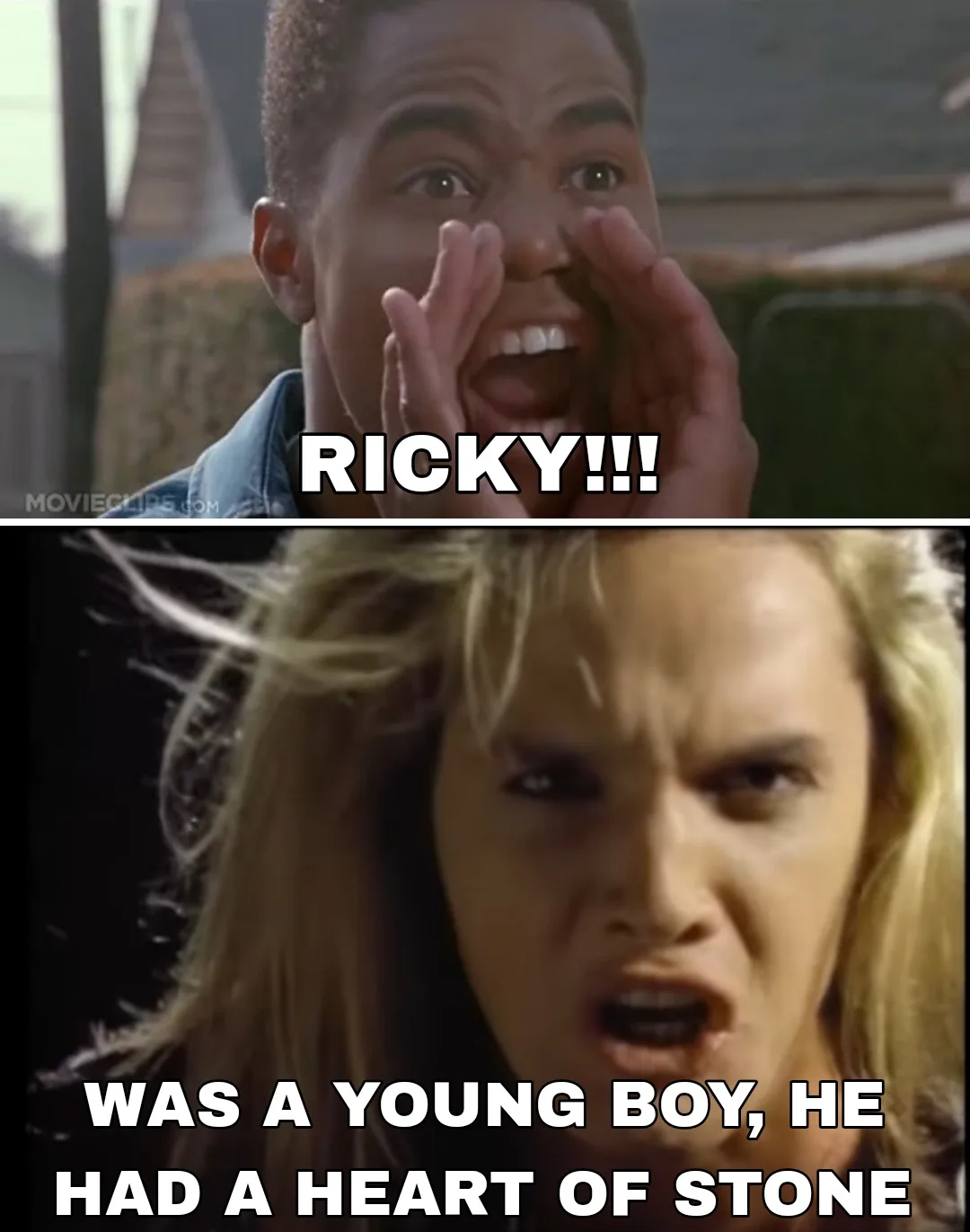 The top panel shows a man with a shocked expression, hands cupped around his mouth as if shouting, with the text 'RICKY!!!'…