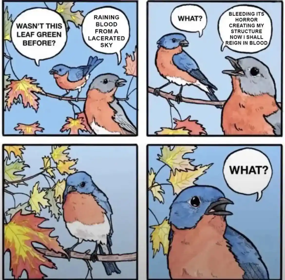 A four-panel comic strip featuring cartoon birds on tree branches observing autumn leaves turning from green to yellow and…