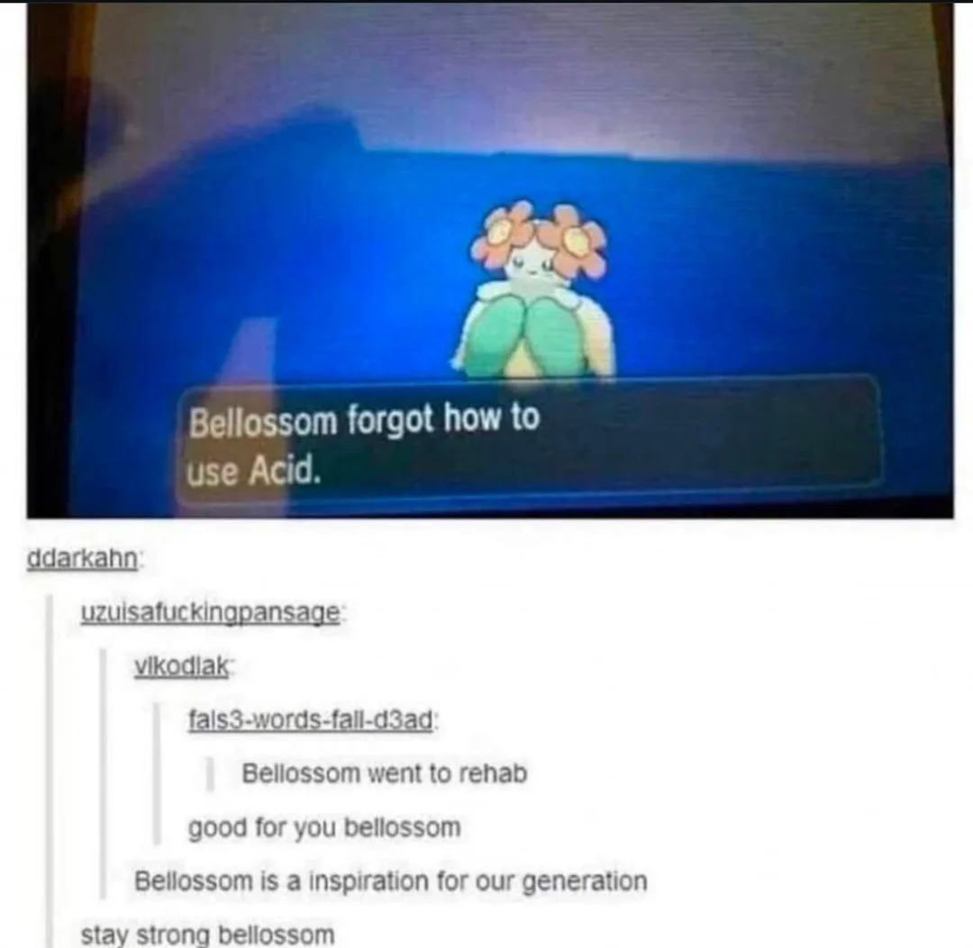 The image shows a screenshot from a Pokémon game featuring the Pokémon Bellossom with a dialogue box stating 'Bellossom…