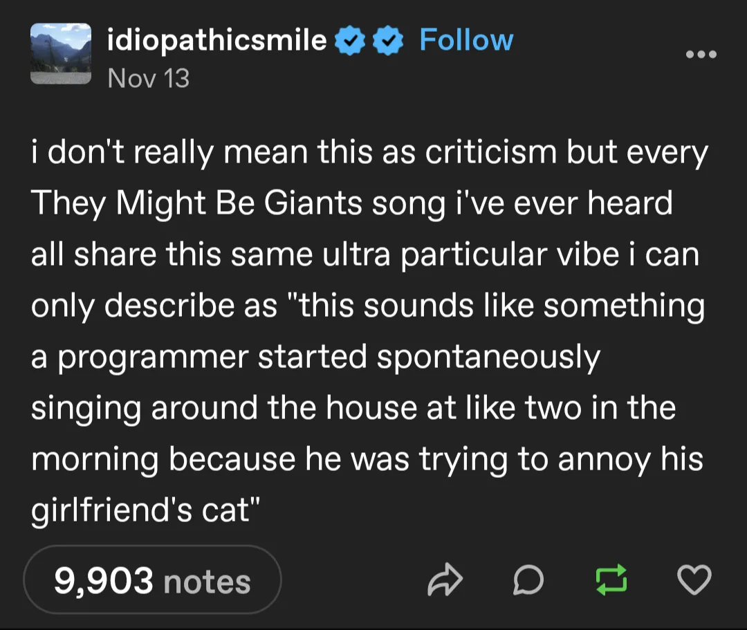 The image shows a screenshot of a Tumblr post by user 'idiopathicsmile' dated November 13. The post contains white text on a…