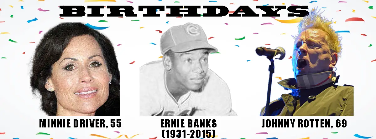 A birthday-themed collage with confetti background featuring three people: Minnie Driver (55), a black-and-white photo of…