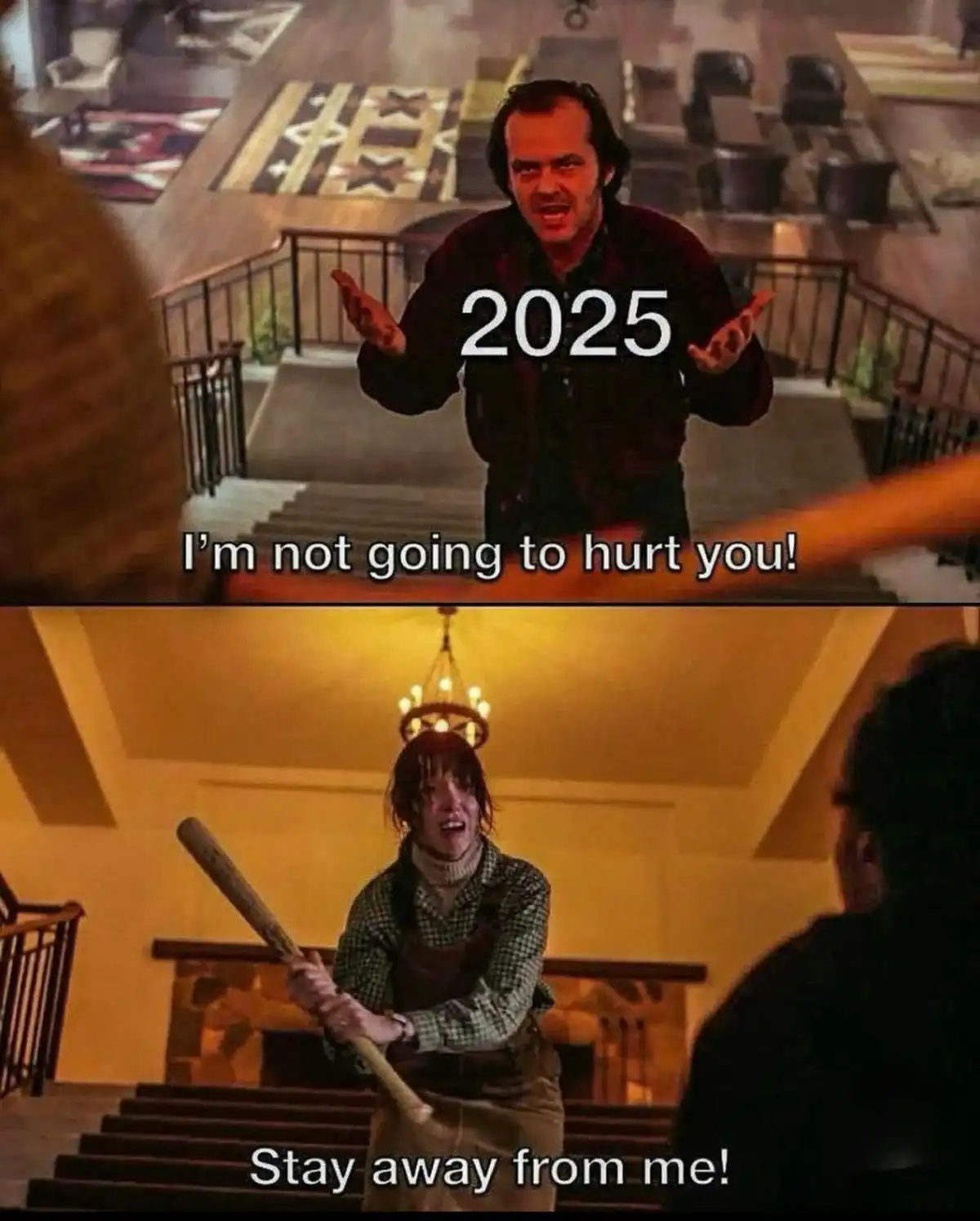 The top panel shows Jack Nicholson as Jack Torrance from 'The Shining' with the year '2025' overlaid, saying 'I'm not going…