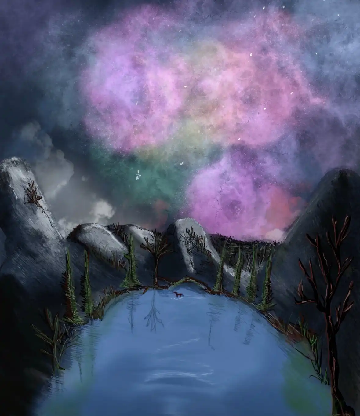 A surreal digital painting depicts a small red fox standing in the center of a calm, reflective lake surrounded by dark…