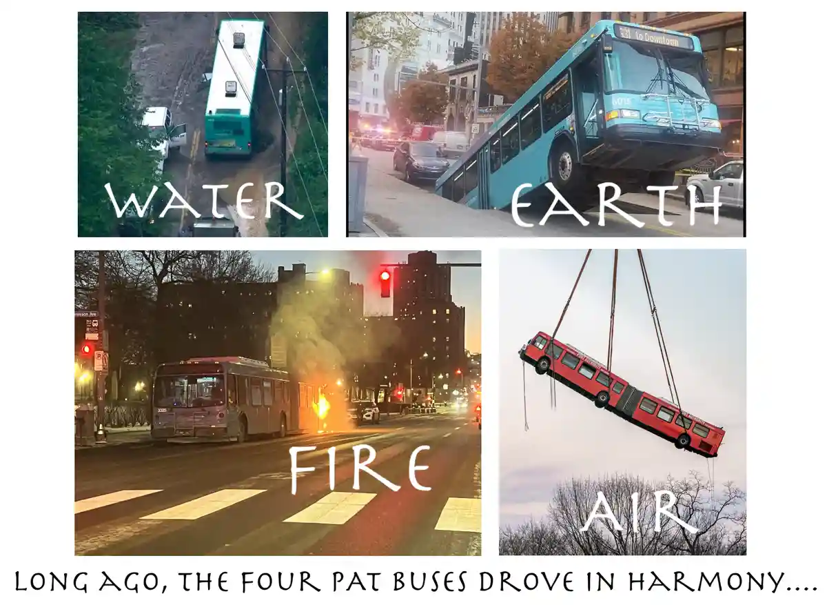 Four images show buses in different chaotic situations labeled 'WATER', 'EARTH', 'FIRE', and 'AIR'. The top-left bus is…