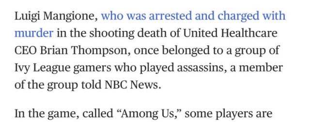 A screenshot of a news article excerpt showing text about Luigi Mangione's arrest for murder and his past as an Ivy League…