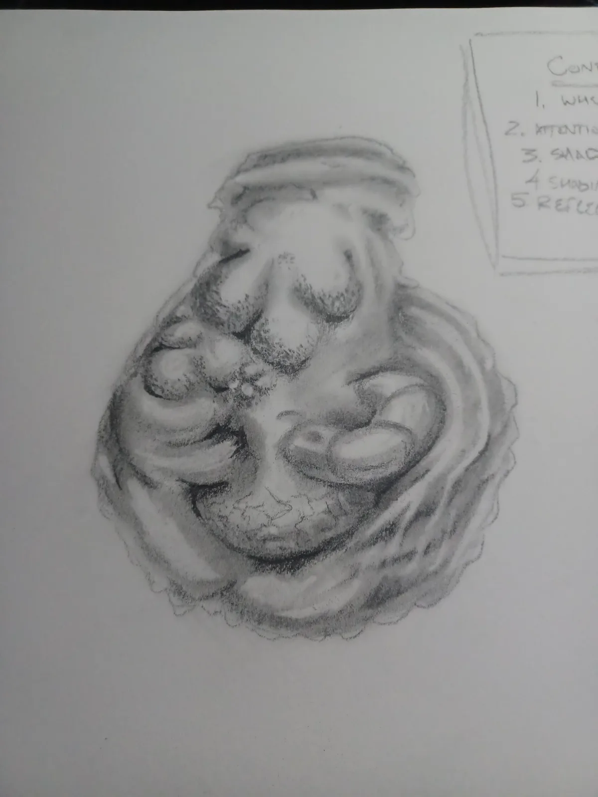 A pencil sketch of a distorted, melting face with closed eyes and a wide, unsettling grin, drawn on paper. In the top right…