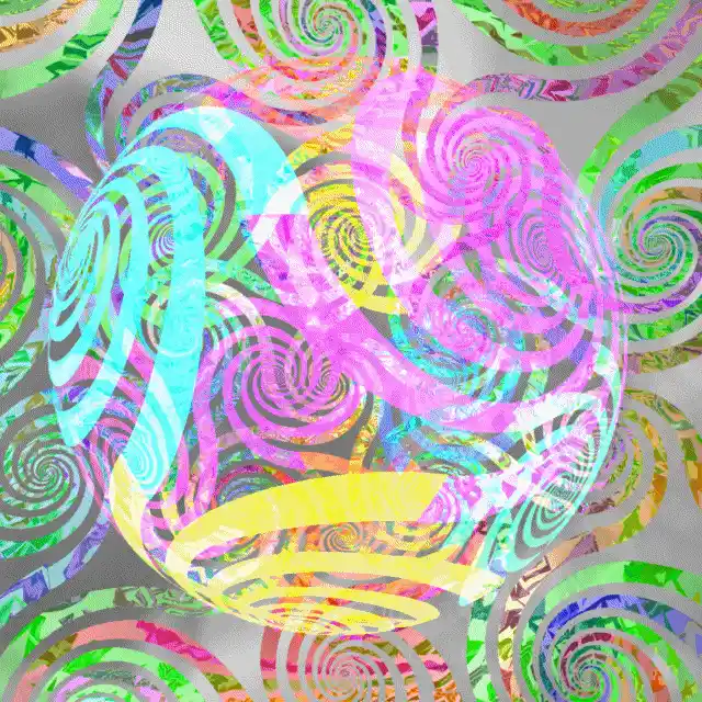 The image displays a triptych of psychedelic, abstract art featuring swirling, overlapping ribbons of vibrant neon colors…