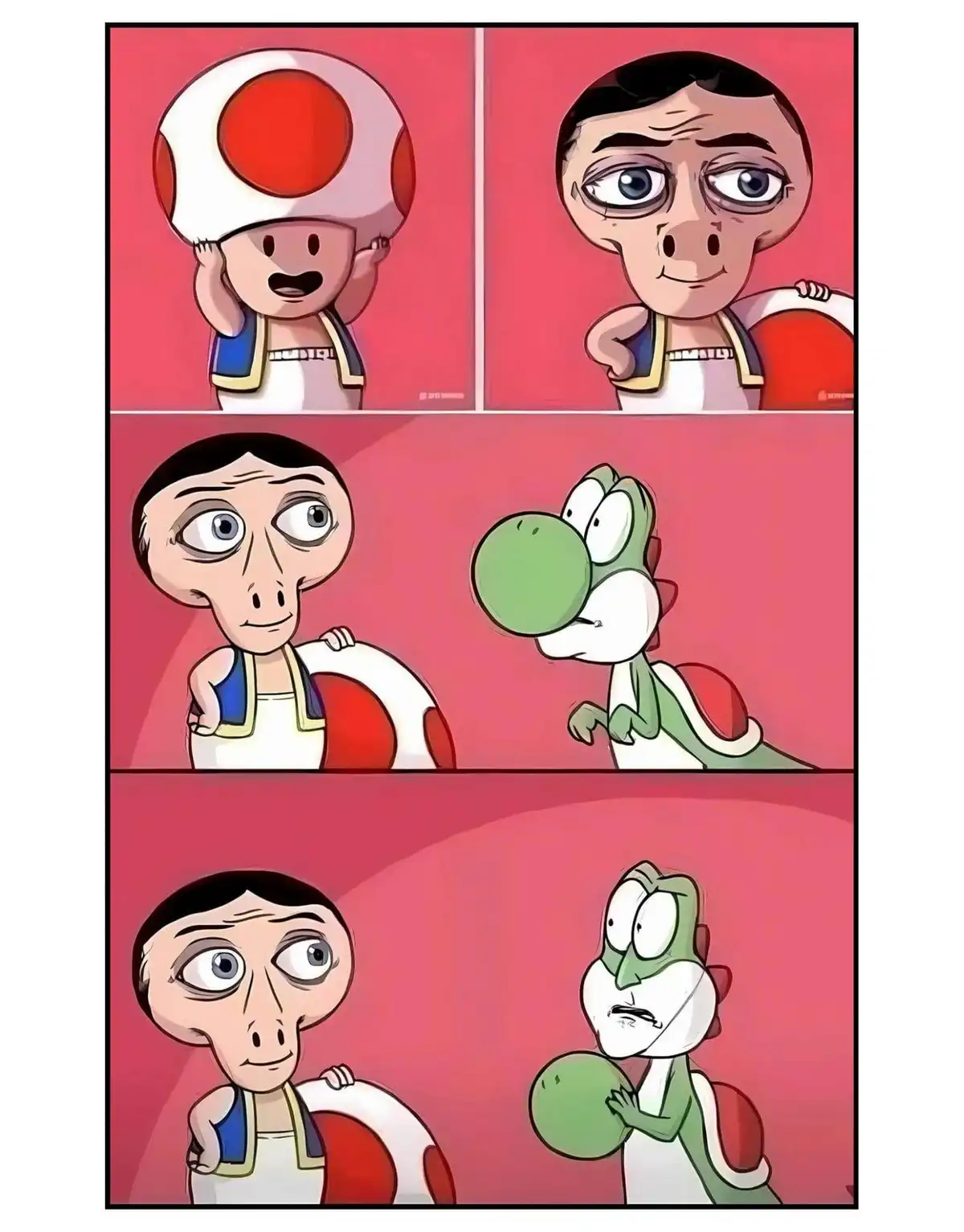 A four-panel comic strip shows Toad from Mario games initially happy with his mushroom cap, then replaced by a distorted…