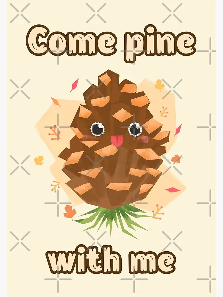 A cartoon illustration of a brown pinecone with large googly eyes and a pink tongue sticking out, set against a light beige…