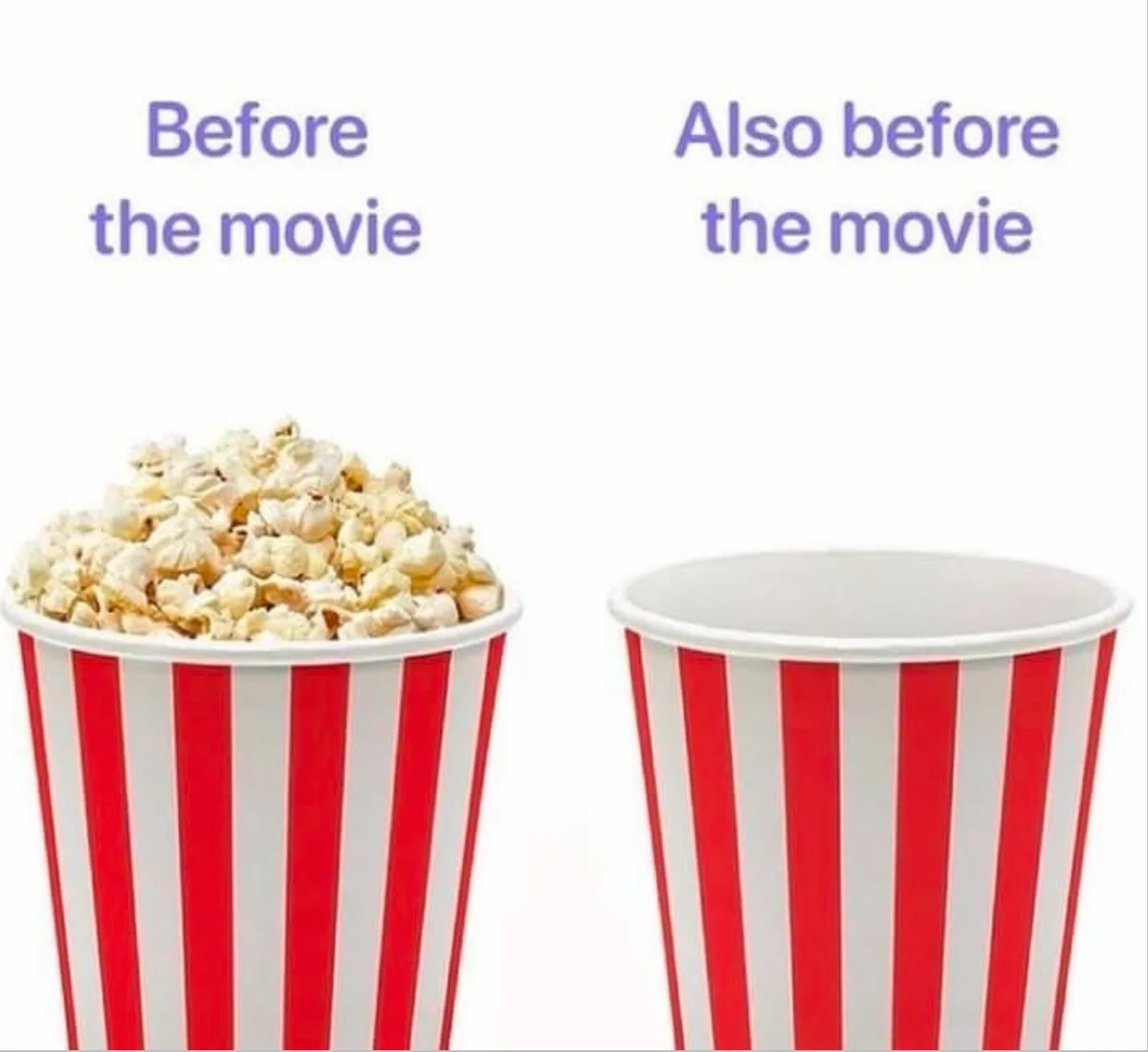 Two red-and-white striped popcorn buckets are shown side by side against a white background. The left bucket is overflowing…