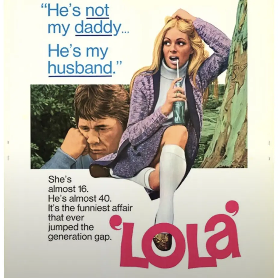 A vintage movie poster for 'Lola' shows a young blonde woman in a purple cardigan and white tights sitting on a tree trunk…