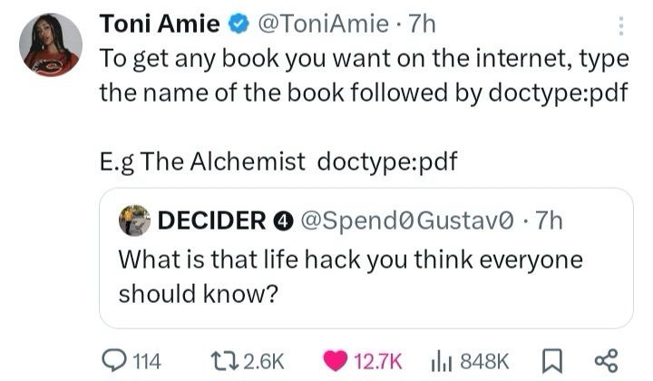 A screenshot of a Twitter thread showing user Toni Amie suggesting a search trick to find books as PDFs by appending…