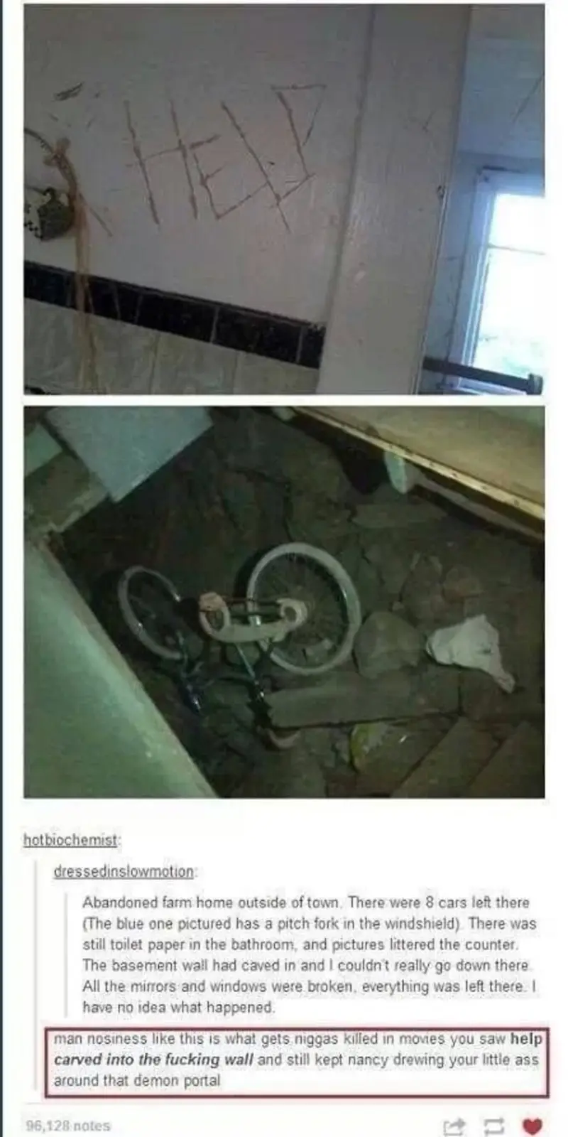 The image shows two photos: the top one depicts 'HELP' carved into a dirty wall in what appears to be a dilapidated…