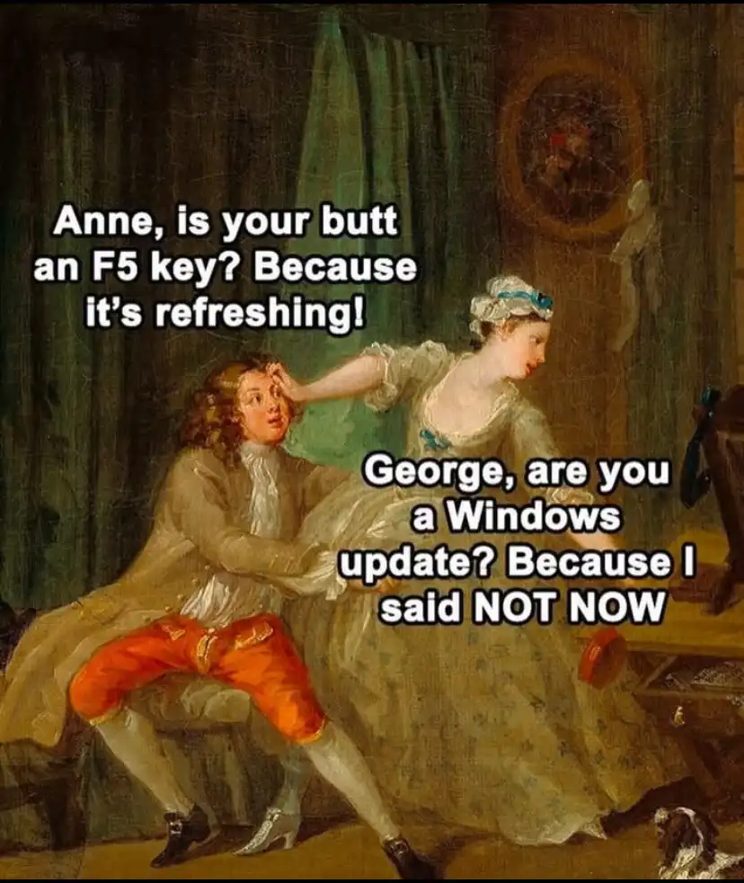 A classical painting depicts a woman in a powdered wig and period dress leaning over a man in a powdered wig and red…