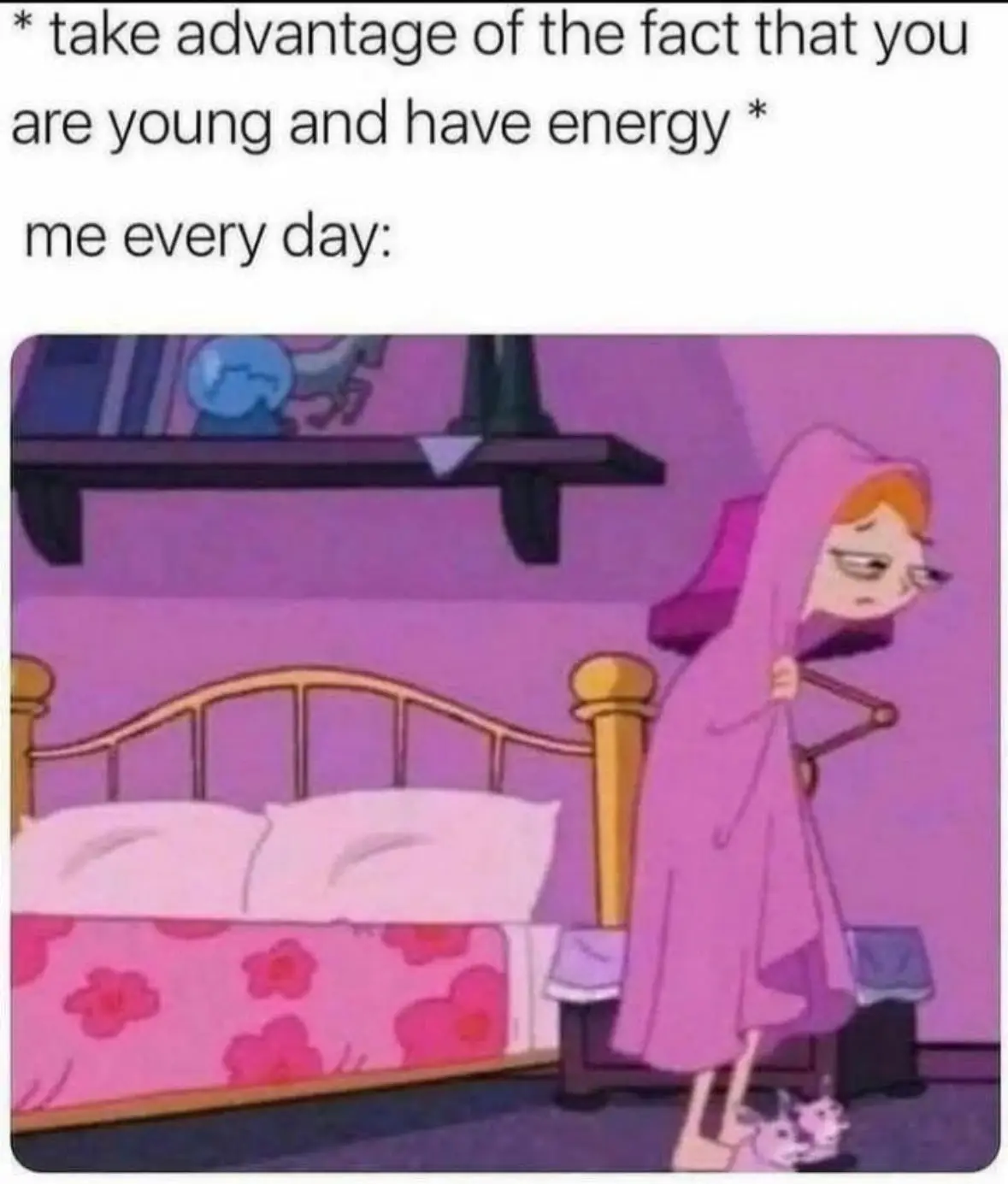 An animated girl in a pink robe stands in her bedroom, looking exhausted and dragging her feet, with a bed and shelf visible…