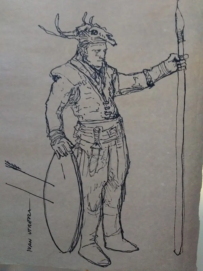 A black-and-white sketch depicts a warrior in armor holding a spear and shield, wearing a dragon skull helmet. The artist's…
