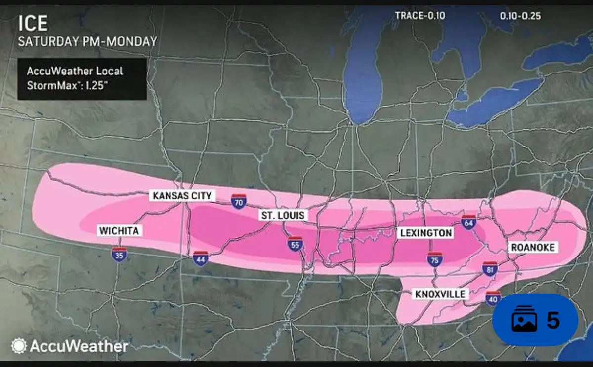 A weather map from AccuWeather shows a large pink shaded area covering cities like Kansas City, St. Louis, Lexington, and…