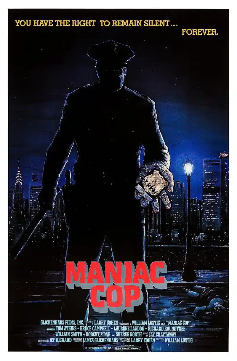 A movie poster for 'Maniac Cop' shows a silhouetted police officer holding a badge and a baton against a dark city skyline…