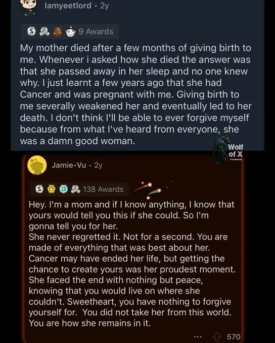 A Reddit comment thread where a user shares they learned their mother died from cancer while pregnant with them, and they…