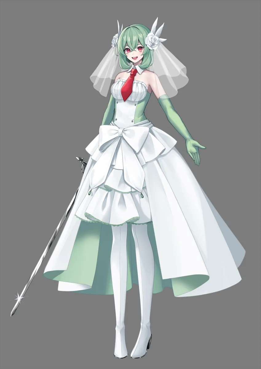 An anime-style female character with green hair and red eyes wears a white wedding dress with a large bow, a veil, and a red…