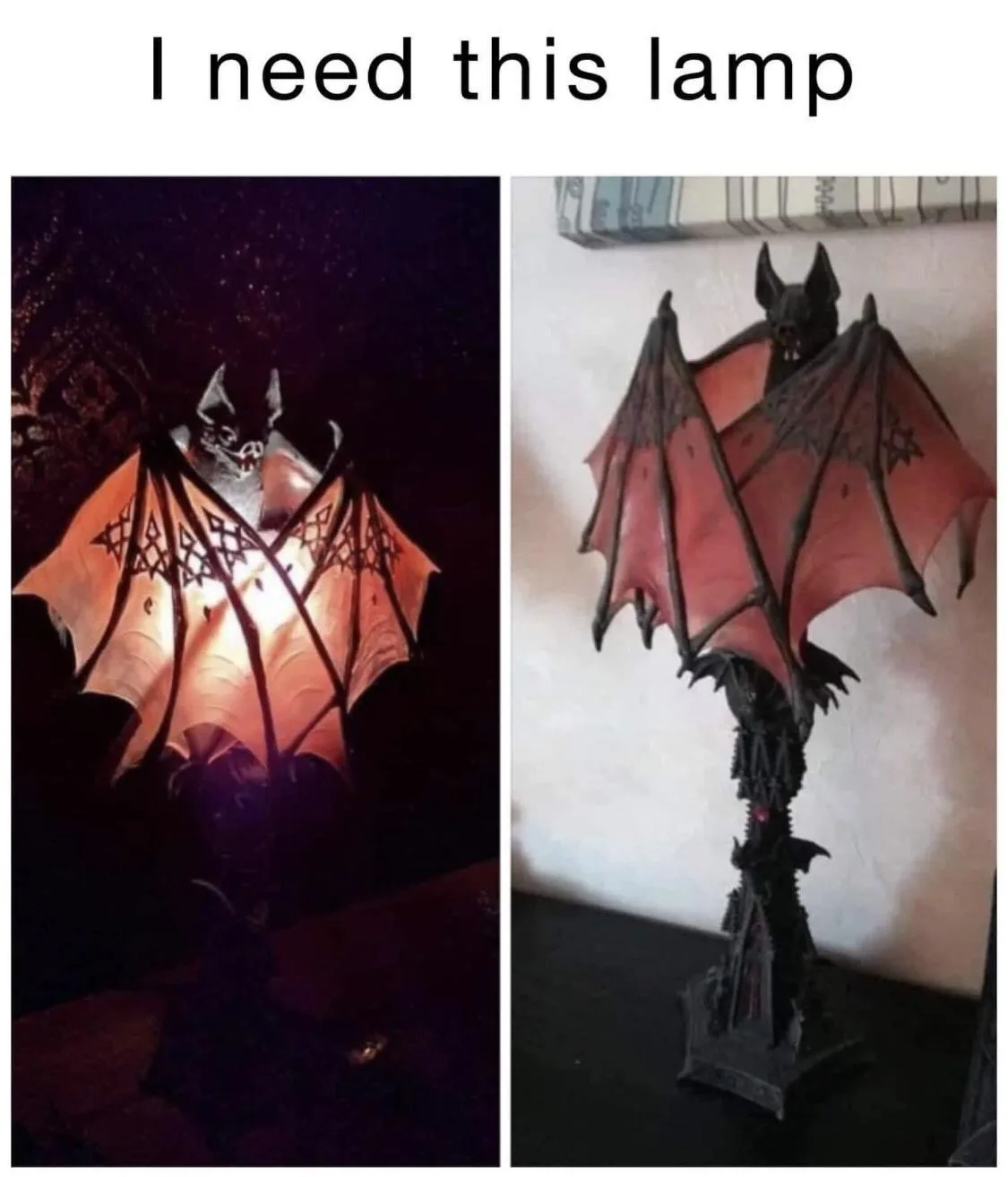 The image displays a split-screen comparison of a bat-themed lamp. The left panel shows the lamp illuminated, glowing warmly…