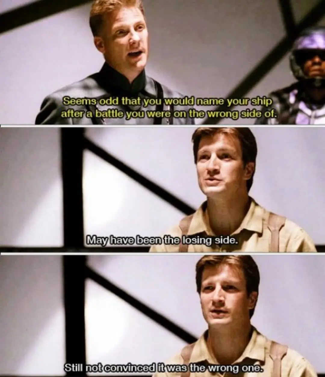 A three-panel meme from the movie 'Star Wars: Episode II - Attack of the Clones' featuring a character in a dark uniform…