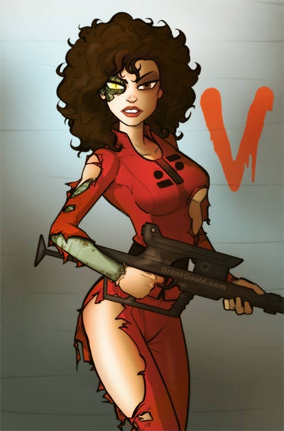 A cartoon woman with curly brown hair and a green eye patch holds a large black gun. Her red outfit is torn and she has a…
