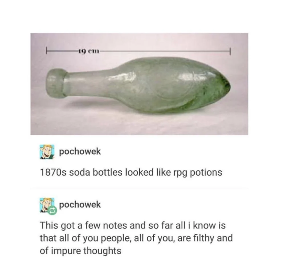 An image of a 19 cm long, greenish, bulbous glass bottle from the 1870s, resembling an RPG potion. Overlaid text shows a…